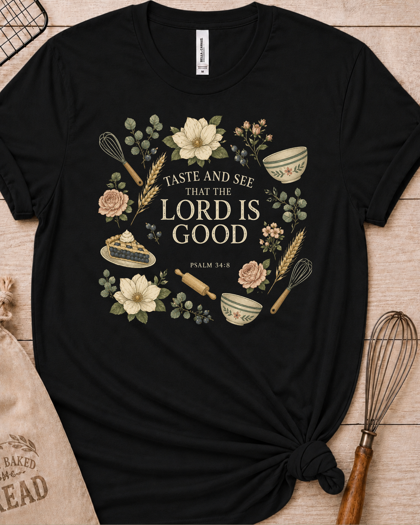 Black women's relaxed fit t-shirt with Taste and See from Psalm 34:8 inside a soft botanical wreath.