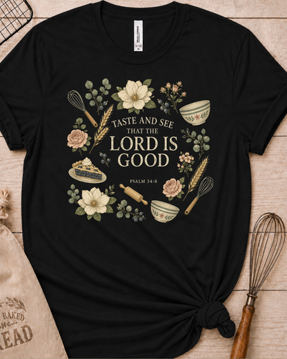 Black women's relaxed fit t-shirt with Taste and See from Psalm 34:8 inside a soft botanical wreath.