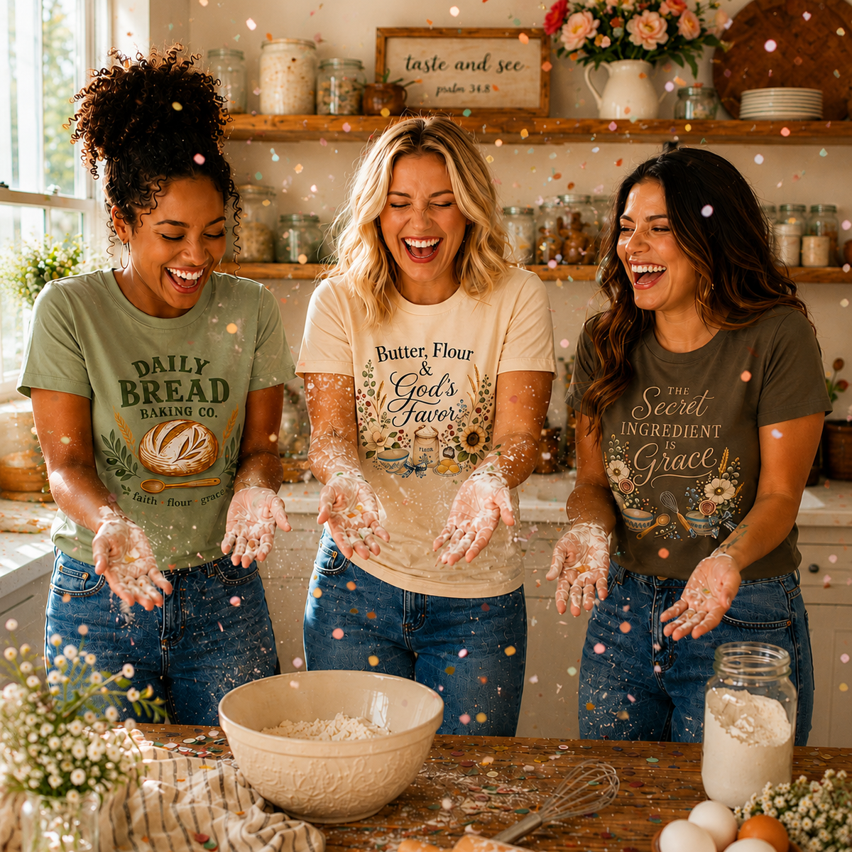 Three women laughing and baking together in a warm kitchen, wearing graphic t-shirts with food-themed prints: 'DAILY BREAD BAKING CO', 'Batter, Flour, God's Favor', and 'The Secret Ingredient Grace'.