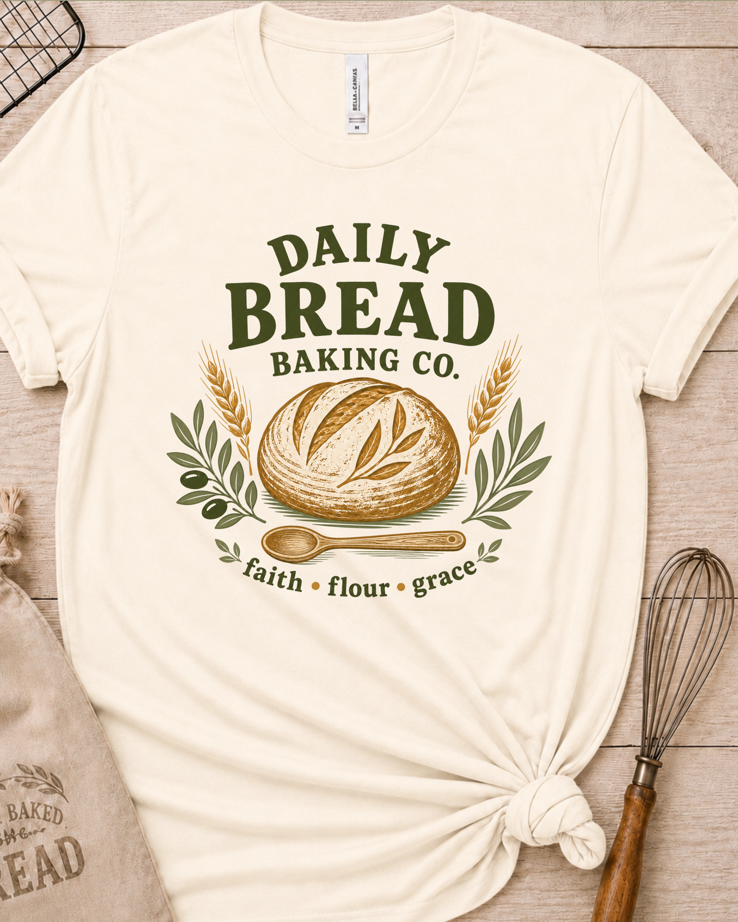 Natural cream women's relaxed fit t-shirt with the Daily Bread Baking Co. design, a retro bakery emblem featuring an artisan bread loaf, wheat stalks, and a wooden spoon above the words faith, flour, grace.