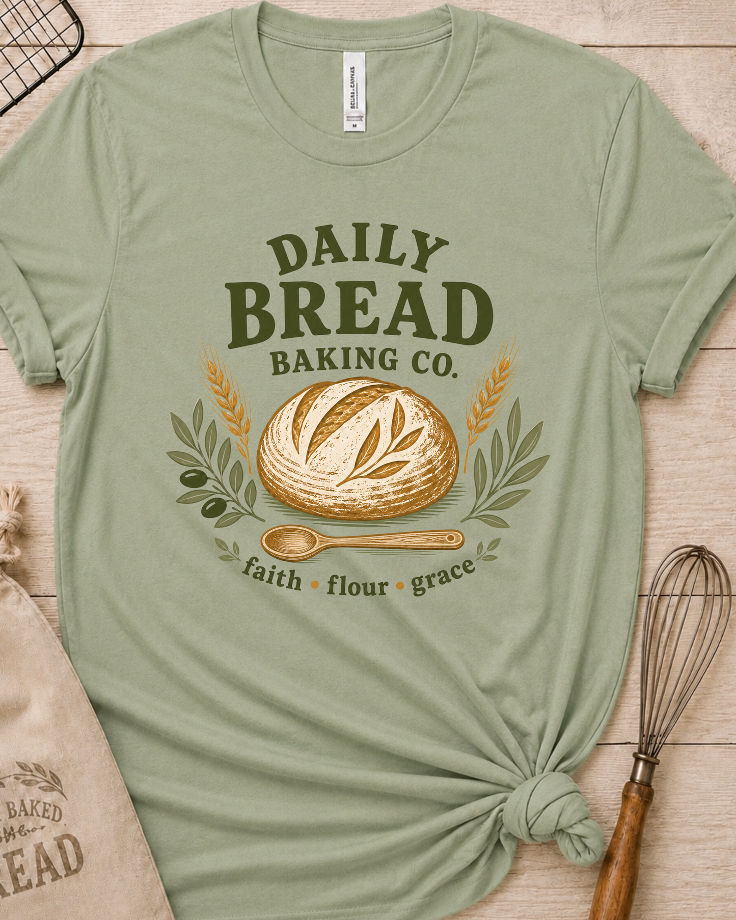 Sage green women's relaxed fit t-shirt with the Daily Bread Baking Co. design, a retro bakery emblem featuring an artisan bread loaf, wheat stalks, and a wooden spoon above the words faith, flour, grace.