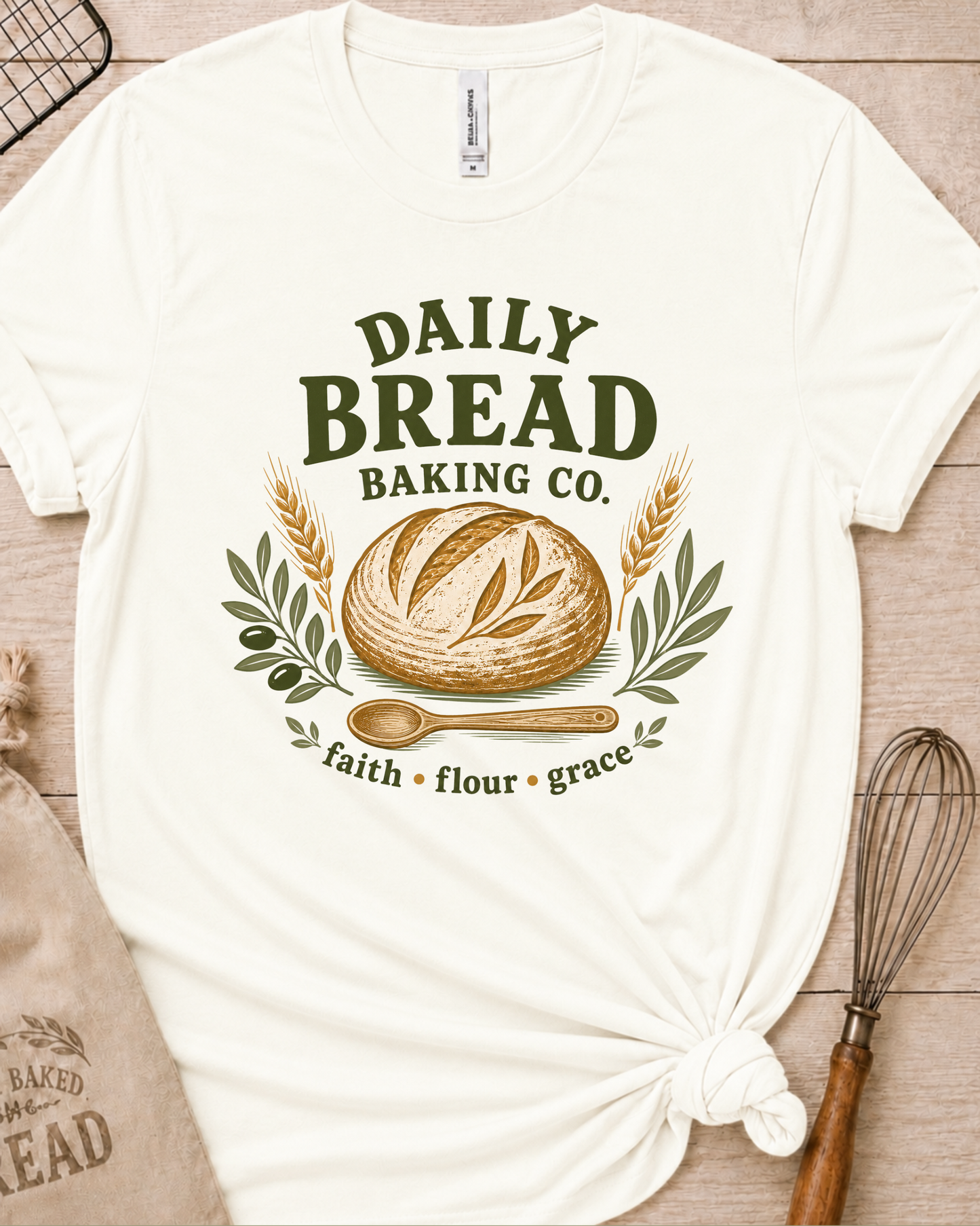 Vintage white women's relaxed fit t-shirt with the Daily Bread Baking Co. design, a retro bakery emblem featuring an artisan bread loaf, wheat stalks, and a wooden spoon above the words faith, flour, grace.