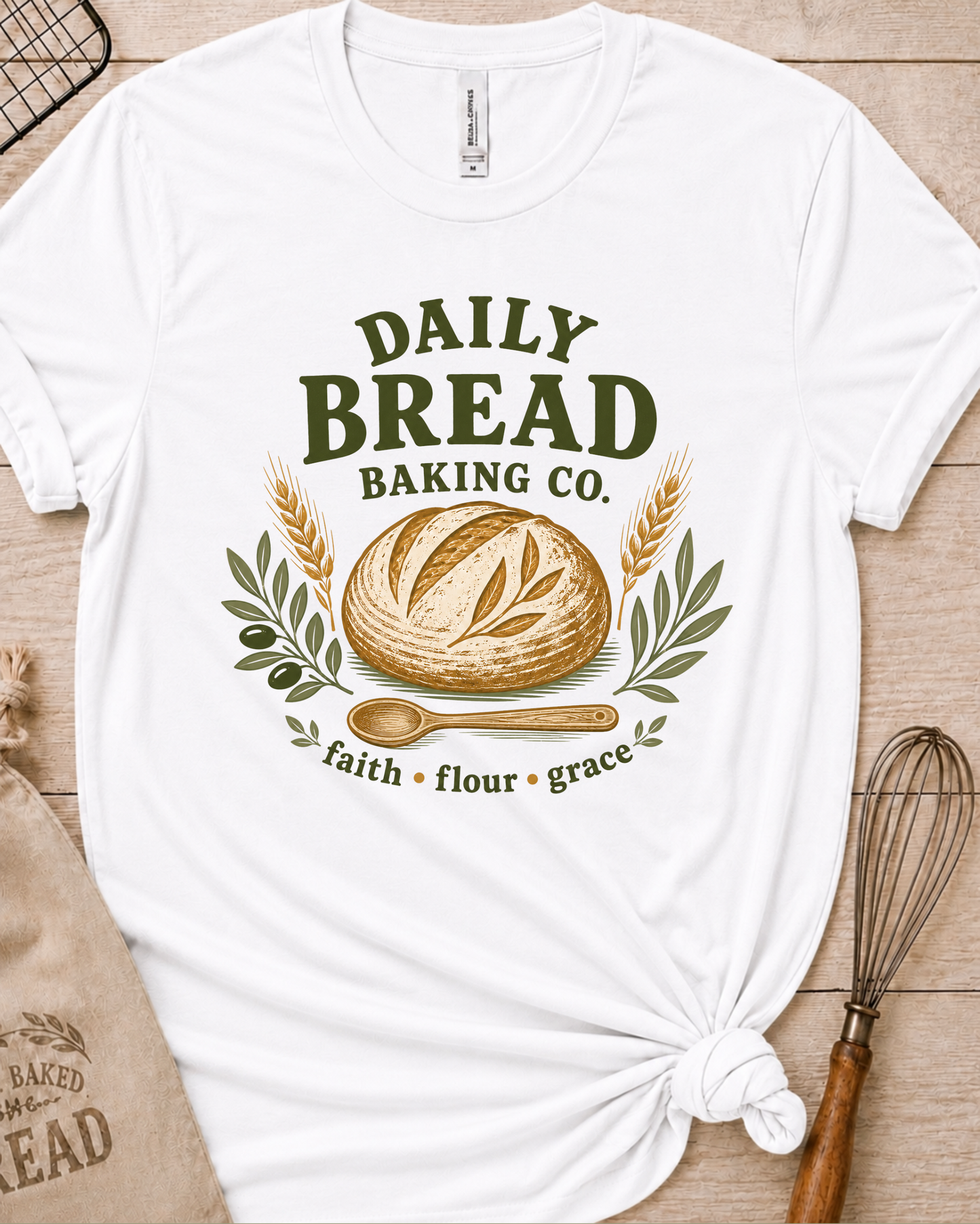 White women's relaxed fit t-shirt with the Daily Bread Baking Co. design, a retro bakery emblem featuring an artisan bread loaf, wheat stalks, and a wooden spoon above the words faith, flour, grace.