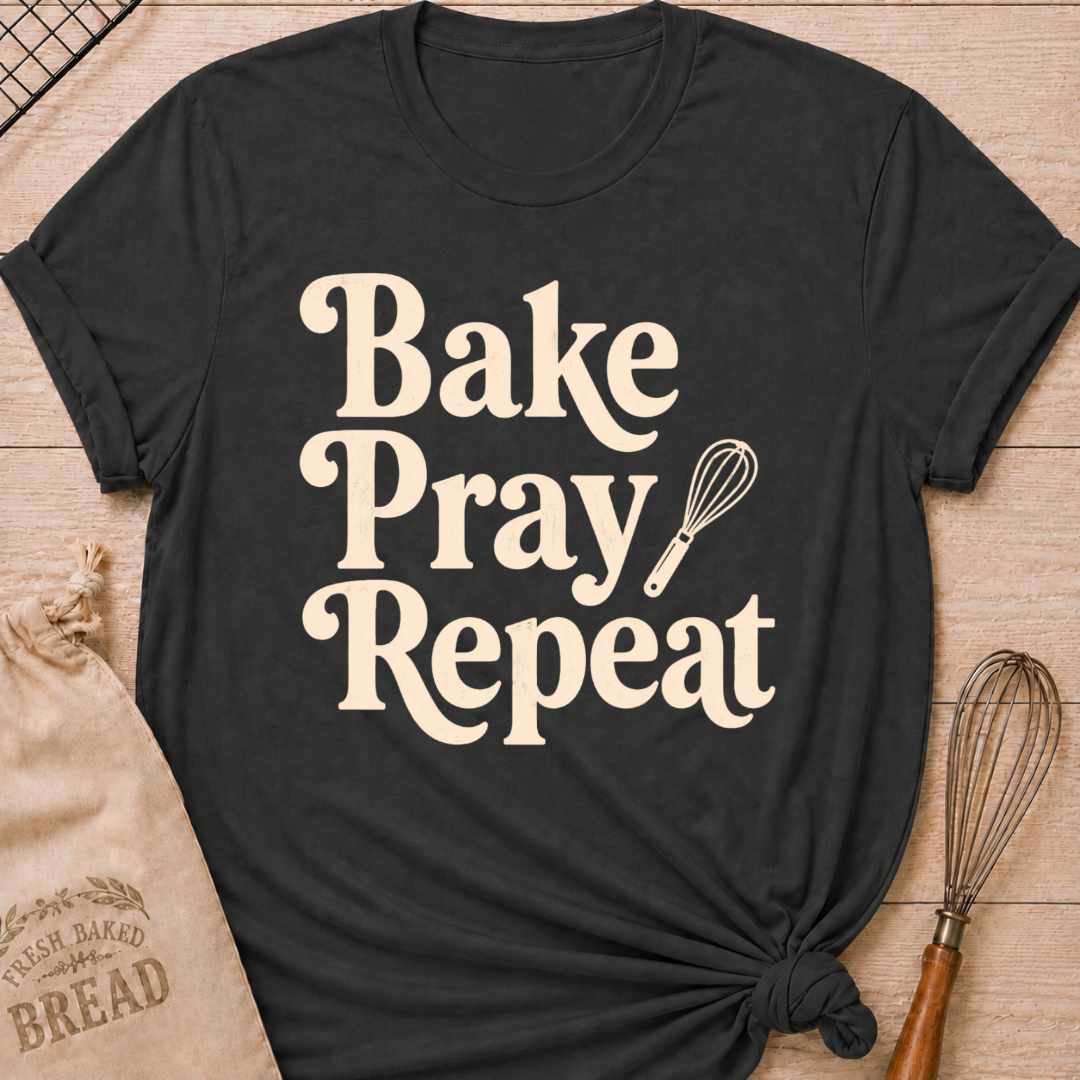 Dark heather grey women's relaxed fit t-shirt with the words Bake, Pray, Repeat in playful vintage lettering and a classic kitchen whisk.