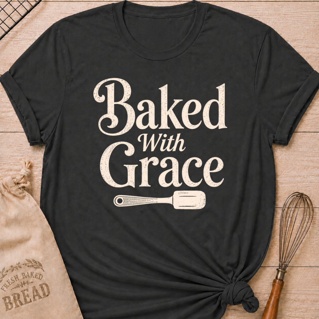 Dark Heather Grey Baked with Grace women's relaxed fit tee with bold vintage lettering and a classic baking spatula