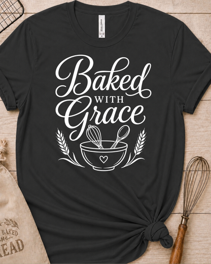 Dark heather grey women's relaxed fit t-shirt with Baked with Grace in white script above a mixing bowl with a whisk and wooden spoon.