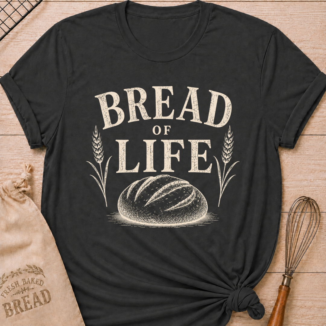 Dark Heather Grey Bread of Life women's relaxed fit tee with bold vintage lettering and a rustic loaf framed by wheat