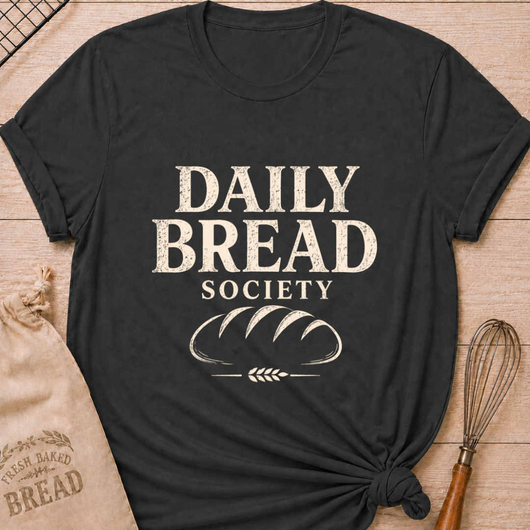 Dark heather grey women's relaxed fit t-shirt with the words Daily Bread Society in bold vintage lettering above a classic loaf and wheat.