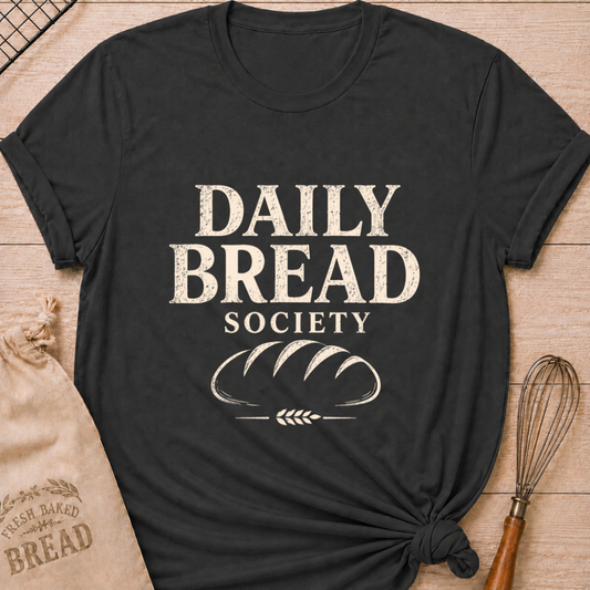 Dark heather grey women's relaxed fit t-shirt with the words Daily Bread Society in bold vintage lettering above a classic loaf and wheat.