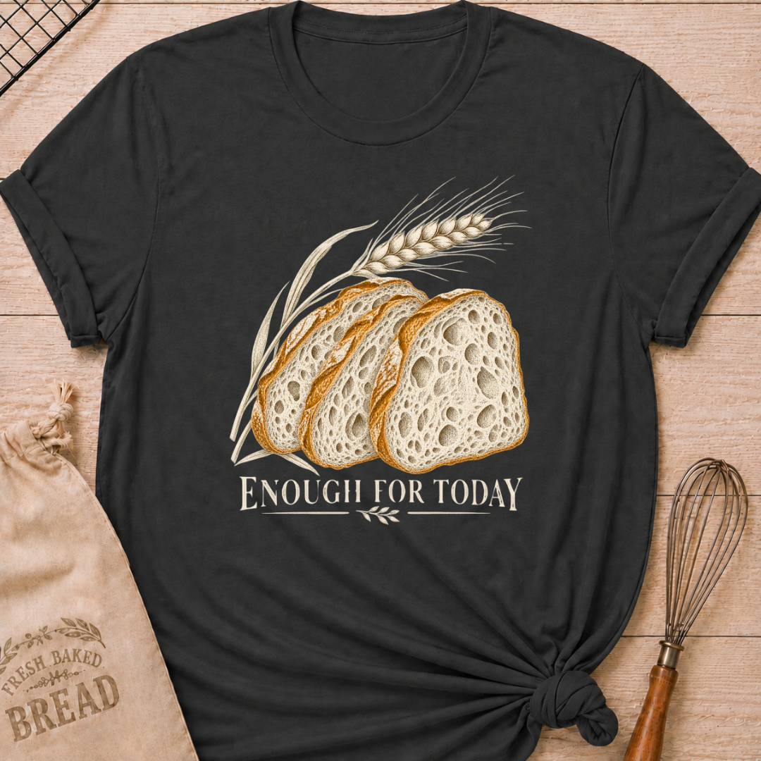 Dark Heather Grey women's relaxed fit tee with three rustic slices of artisan bread and a graceful stalk of wheat in a warm vintage style, with Enough for Today lettering