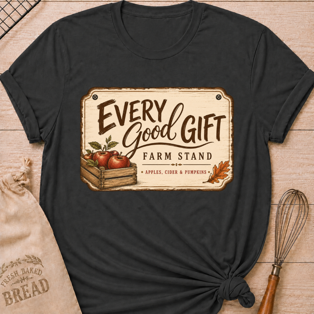 Dark Heather Grey women's relaxed fit tee with a vintage farm stand design, a wooden crate of apples, cider and pumpkins