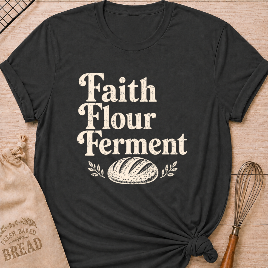 Dark heather grey women's relaxed fit t-shirt with the words Faith, Flour, Ferment in bold vintage lettering with a classic artisan loaf and subtle leafy accents.