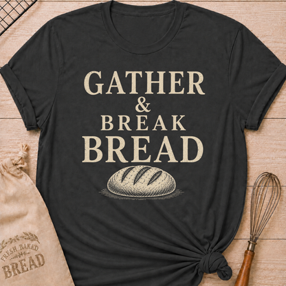 Dark Heather Grey Gather and Break Bread women's relaxed fit tee with bold vintage lettering and a rustic loaf of bread