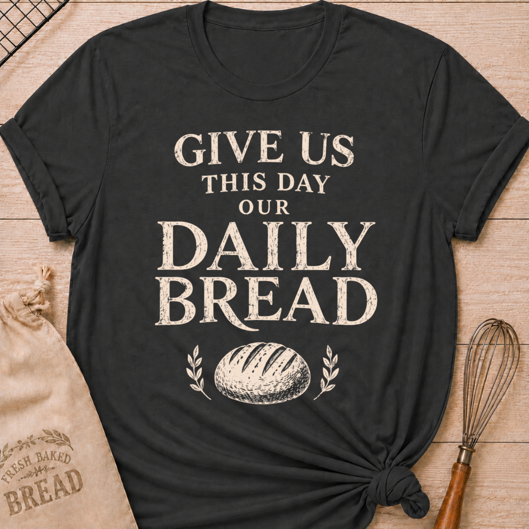 Dark heather grey women's relaxed fit t-shirt with the words Give Us This Day Our Daily Bread in bold vintage lettering above a rustic loaf and leafy accents.