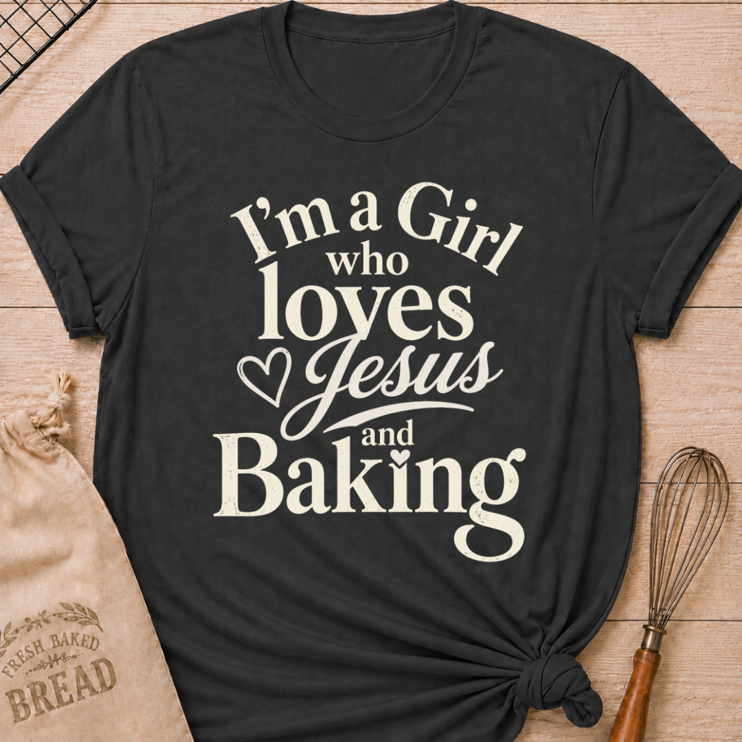 Dark Heather Grey I'm a Girl Who Loves Jesus and Baking women's relaxed fit tee with warm vintage typography