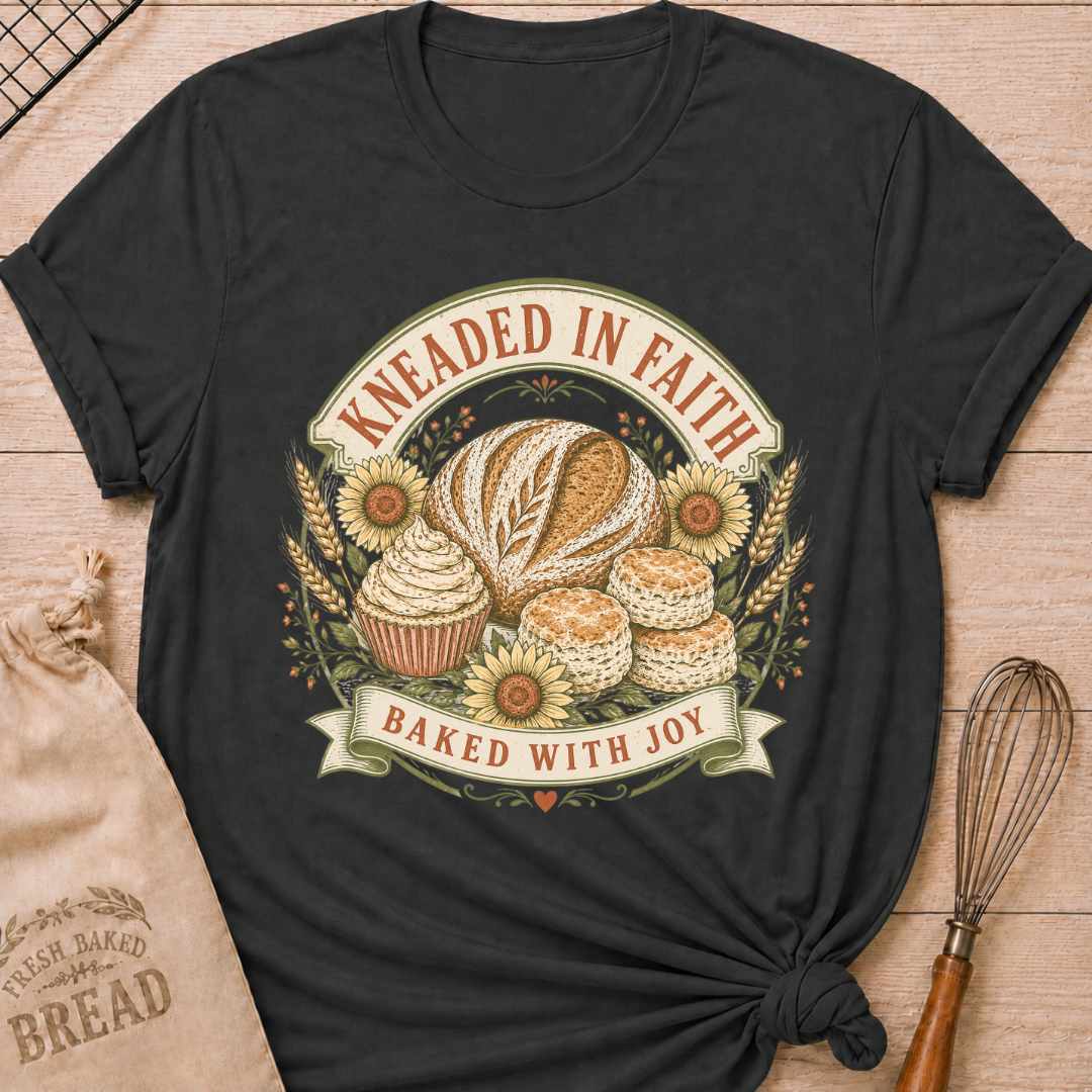 A dark grey graphic t-shirt styled with a knotted hem, laid flat on a light wood background with a drawstring bread bag and a whisk. The shirt features a vintage-inspired circular badge illustration with the words "Kneaded in Faith" arched across the top and "Baked with Joy" on a ribbon banner at the bottom. Inside the badge: a rustic artisan bread loaf, a frosted cupcake, and biscuits, surrounded by sunflowers, wheat stalks, and small floral accents, all rendered in warm cream, gold, and sage tones