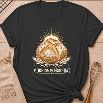 Dark Heather Grey women's relaxed fit tee with a rustic artisan loaf rising beneath a radiant sun, framed by golden wheat in a warm vintage style, above Morning by Morning lettering