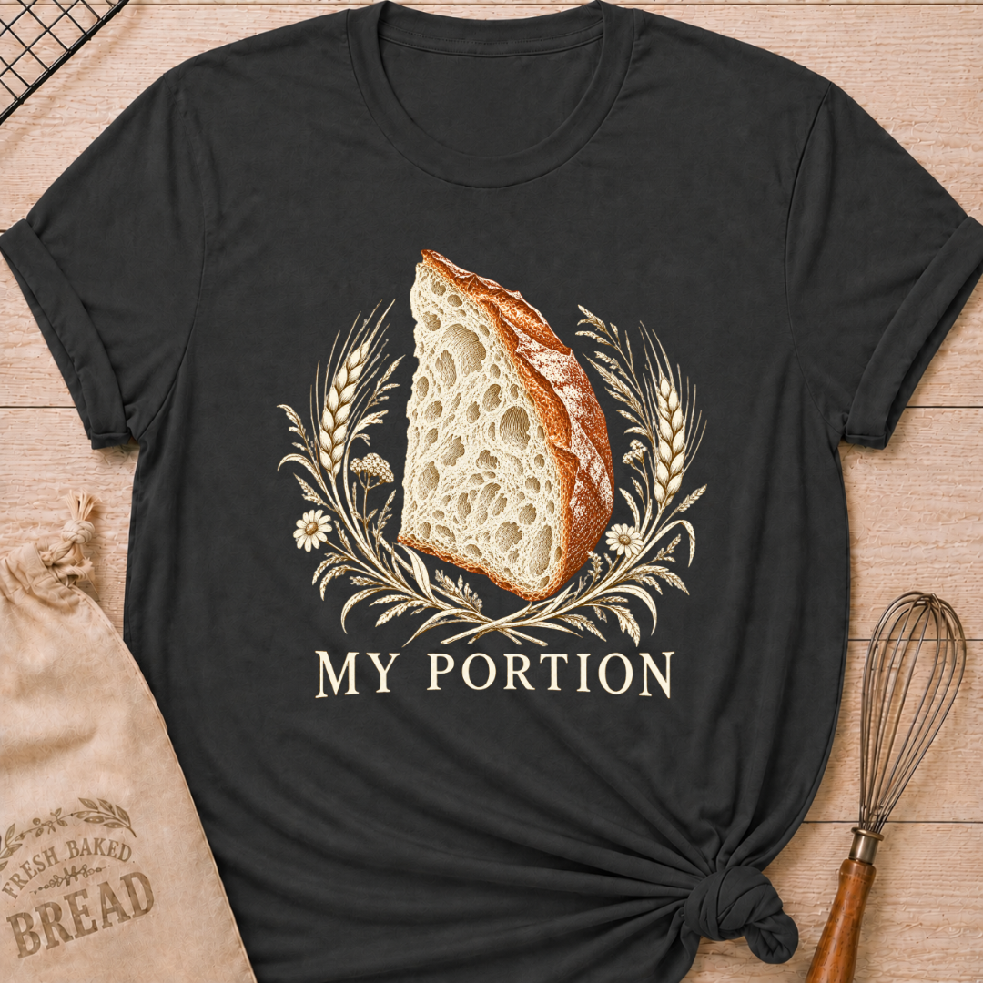 Dark Heather Grey women's relaxed fit tee with a detailed slice of artisan bread framed by wheat and delicate wildflowers in warm earthy tones, with My Portion lettering below