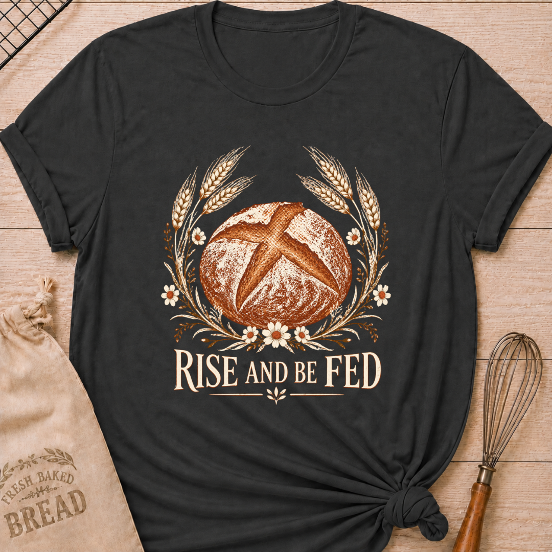 Dark Heather Grey women's relaxed fit tee with a detailed artisan loaf framed by wheat and delicate wildflowers in a soft vintage style, above Rise and Be Fed lettering