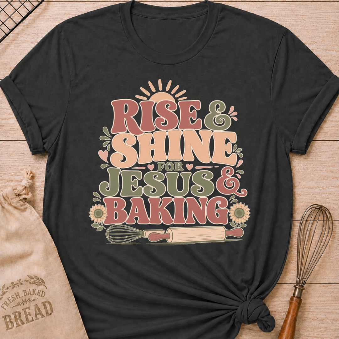 A dark heather grey graphic t-shirt styled with a knotted hem, laid flat on a light wood background with a drawstring bread bag and a whisk. The shirt features a bold retro groovy graphic that reads "RISE & SHINE FOR JESUS & BAKING" in pink, cream, and sage lettering, with a rising sun at the top, heart accents, sunflowers, and illustrations of a whisk and rolling pin at the bottom.