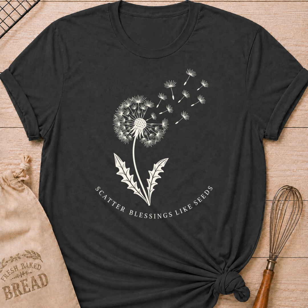 Dark heather grey women's relaxed fit t-shirt with a dandelion releasing its seeds and the words Scatter Blessings Like Seeds.