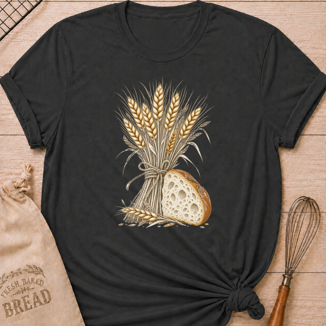 Dark Heather Grey women's relaxed fit tee with a hand-tied bundle of golden wheat beside a richly textured slice of artisan bread