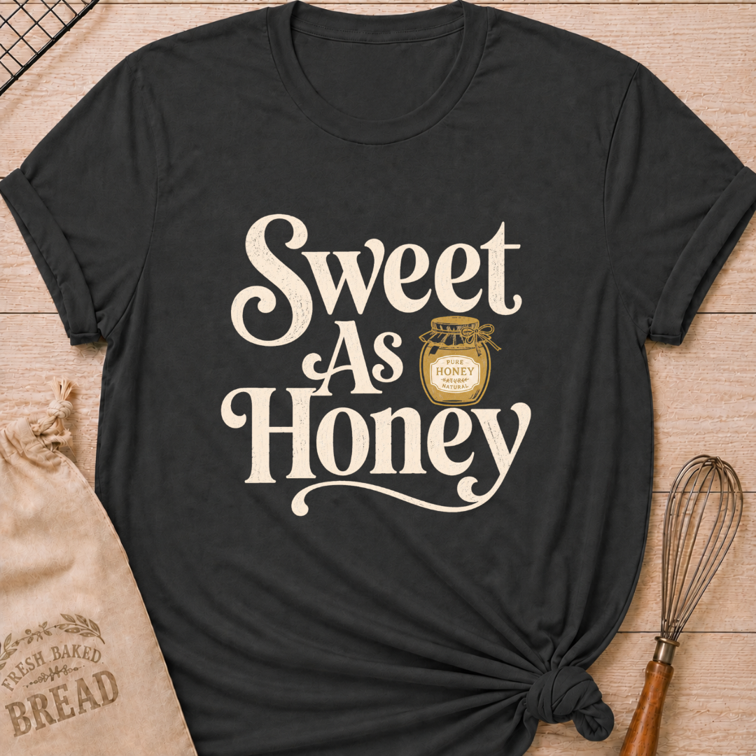 Dark heather grey women's relaxed fit t-shirt with the words Sweet as Honey in playful vintage lettering and a jar of golden honey.