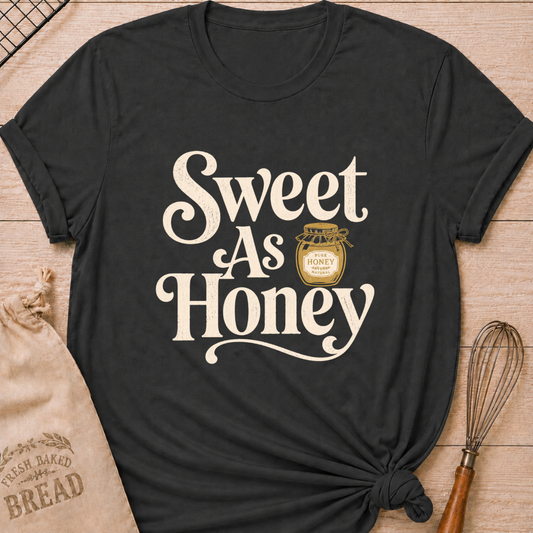Dark heather grey women's relaxed fit t-shirt with the words Sweet as Honey in playful vintage lettering and a jar of golden honey.