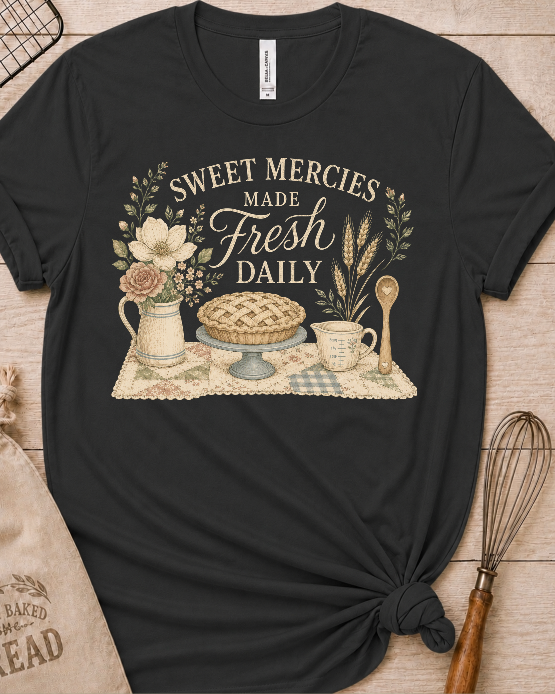 Dark heather grey women's relaxed fit t-shirt reading Sweet Mercies Made Fresh Daily above a lattice-top pie on a cake stand with a flower pitcher, measuring cup, and wooden spoon.