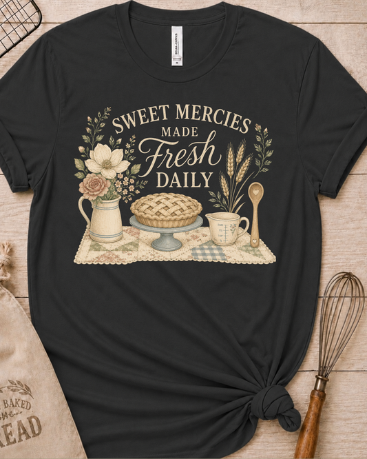 Dark heather grey women's relaxed fit t-shirt reading Sweet Mercies Made Fresh Daily above a lattice-top pie on a cake stand with a flower pitcher, measuring cup, and wooden spoon.