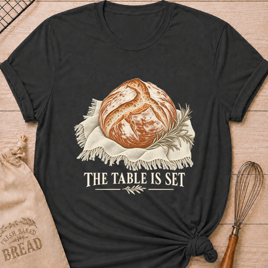 Dark Heather Grey women's relaxed fit tee with a rustic artisan loaf resting on softly draped linen with a rosemary sprig and The Table Is Set lettering