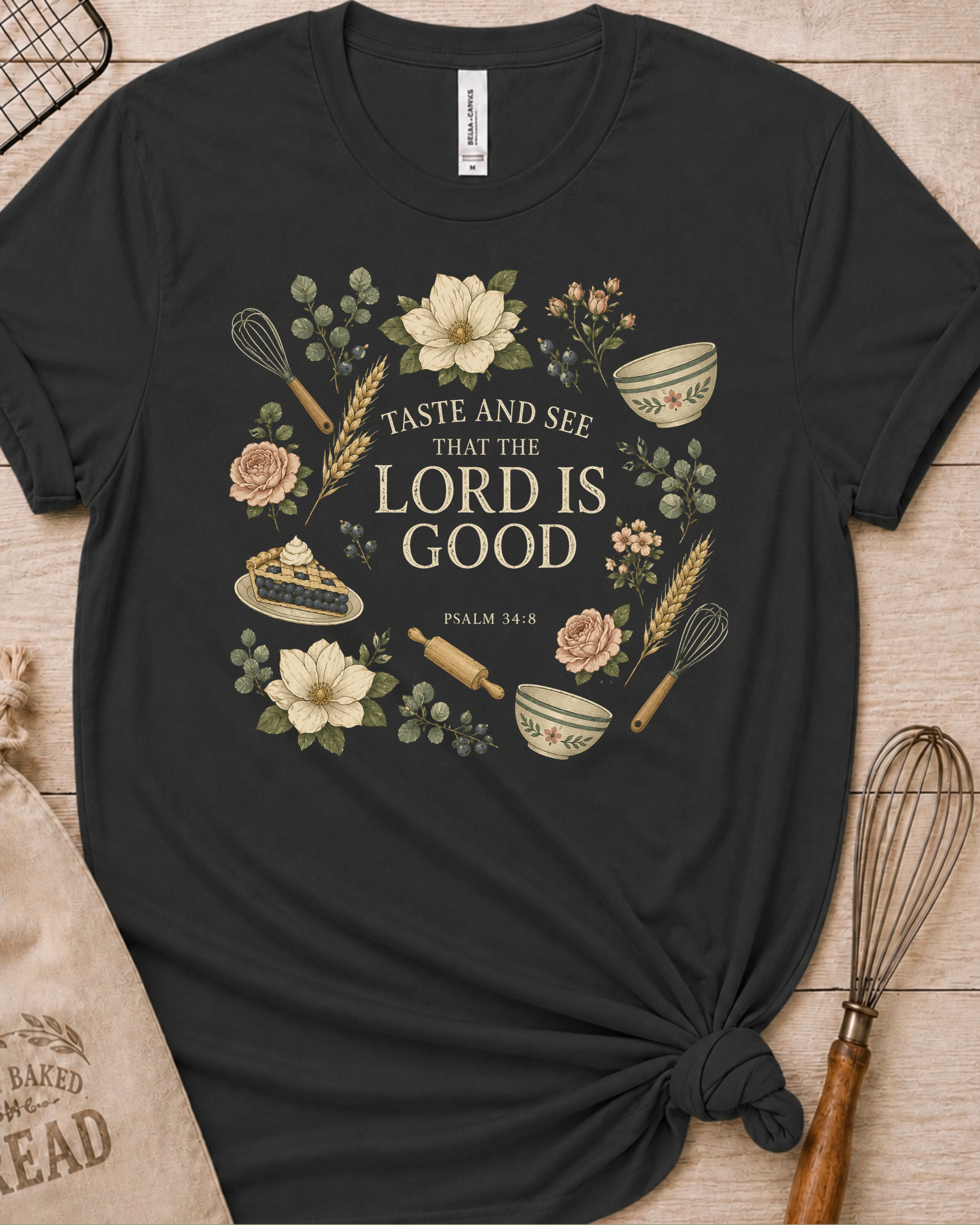 Dark heather grey women's relaxed fit t-shirt with Taste and See from Psalm 34:8 inside a soft botanical wreath.