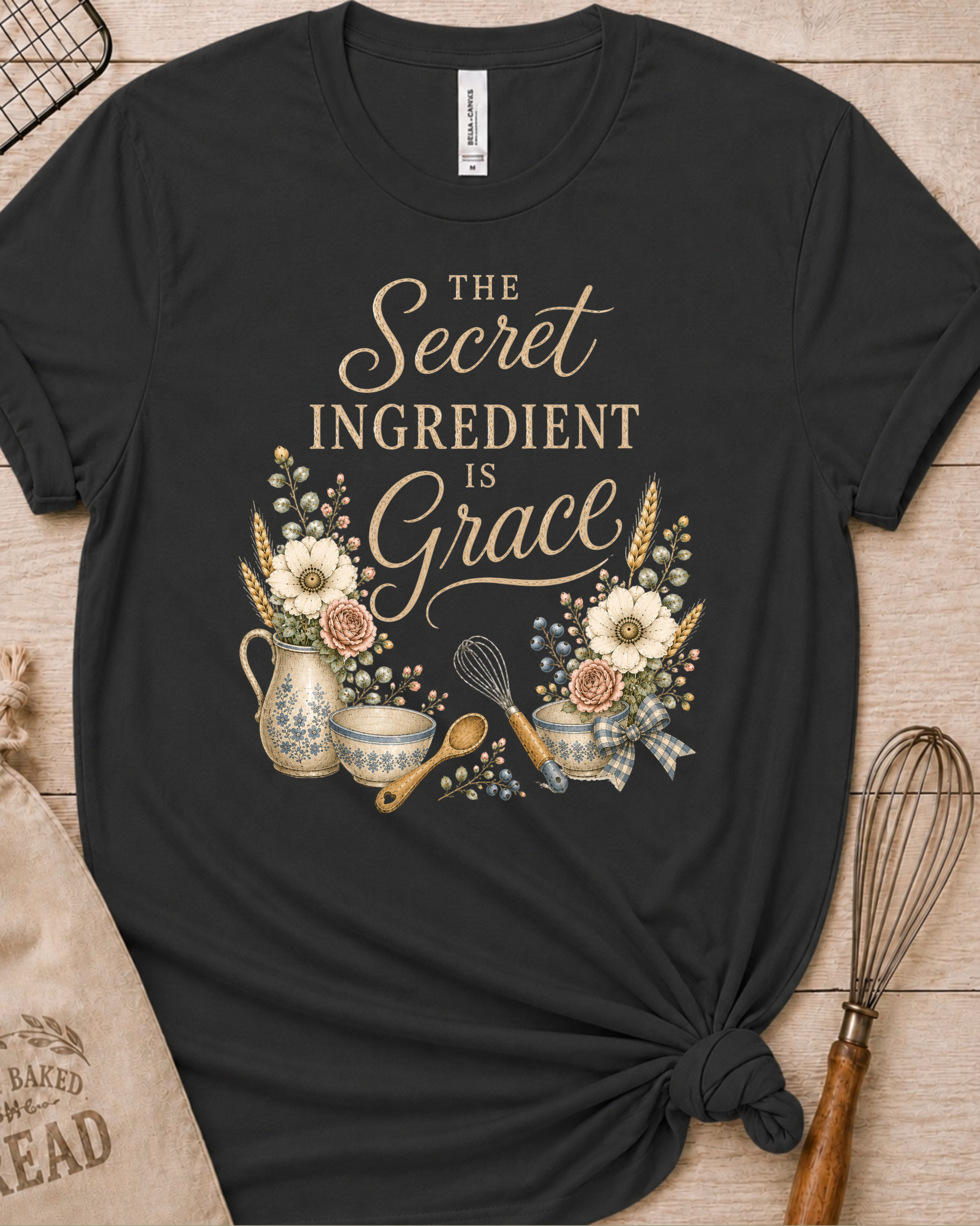 Dark heather grey women's relaxed fit t-shirt reading The Secret Ingredient is Grace, framed by a floral pitcher, mixing bowls, a whisk, and a wooden spoon.