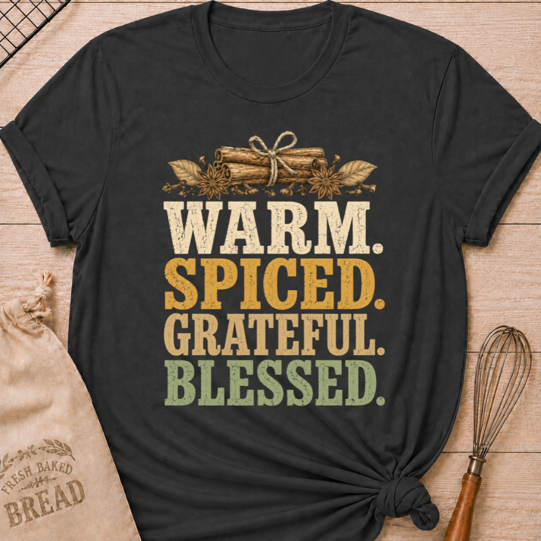 Dark Heather Grey women's relaxed fit tee with bold vintage Warm Spiced Grateful Blessed lettering, cinnamon sticks, star anise and cloves in a fall palette