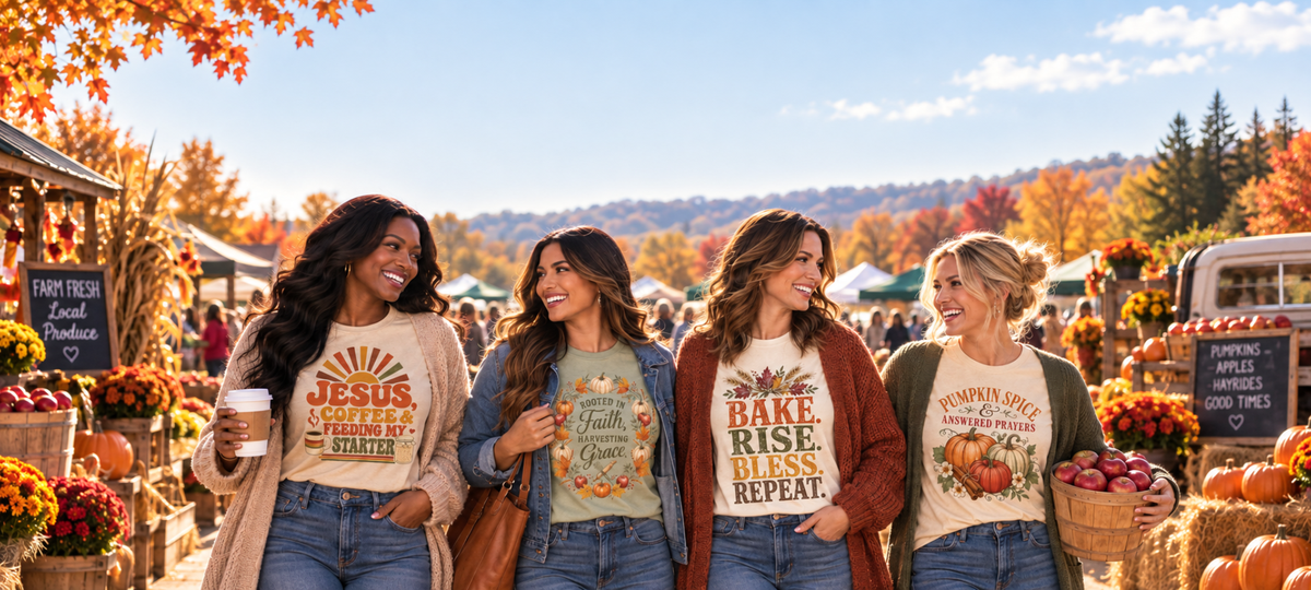 Four women walking and laughing in an outdoor autumn market, wearing graphic t-shirts with fall-themed designs and quotes. The shirts include 'Jesus is the Way to Forever', 'Bake.