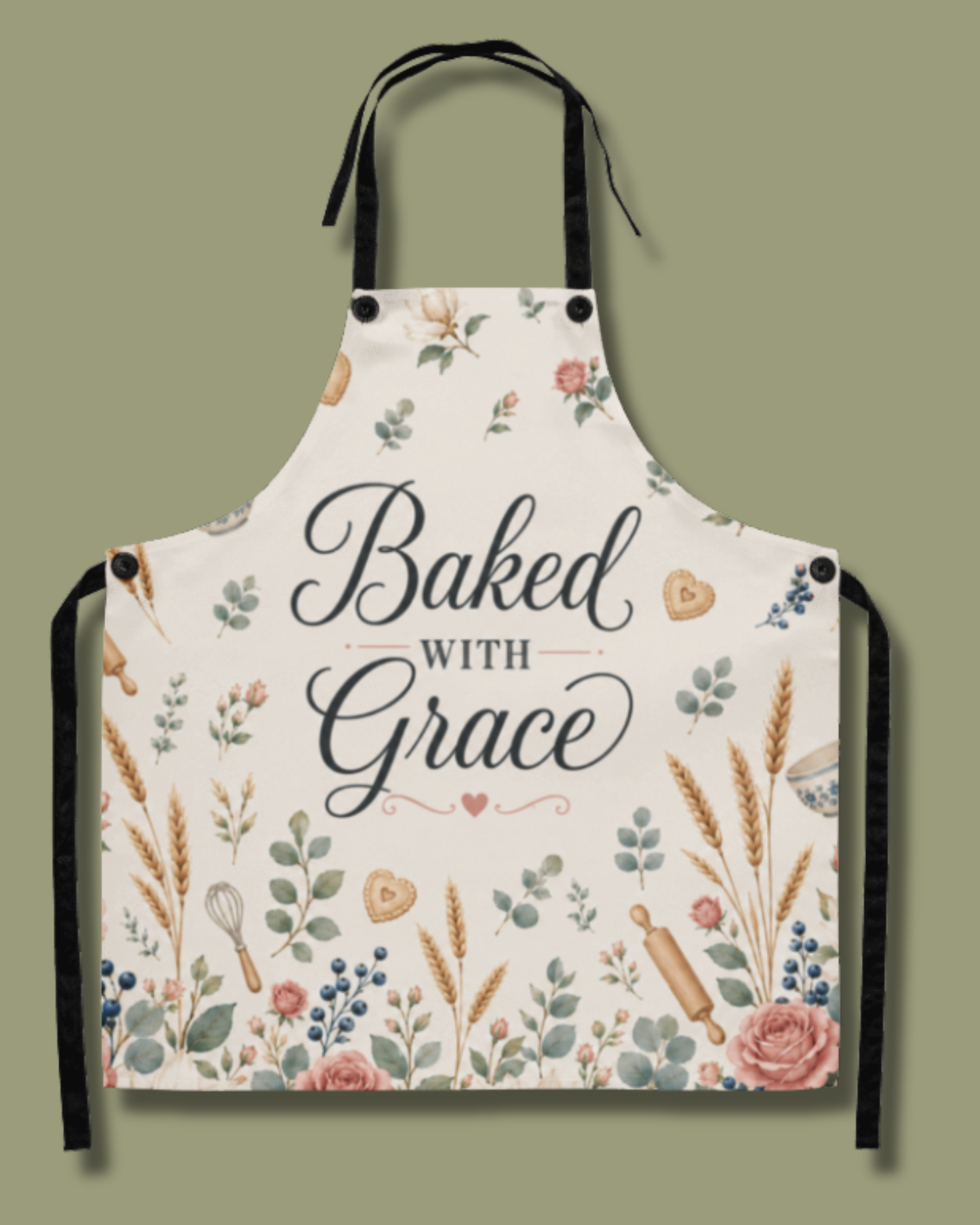 The Baked with Grace floral apron laid flat, showing the full cream design with pink roses, eucalyptus, wheat, a rolling pin, and a whisk surrounding Baked with Grace in dark script.
