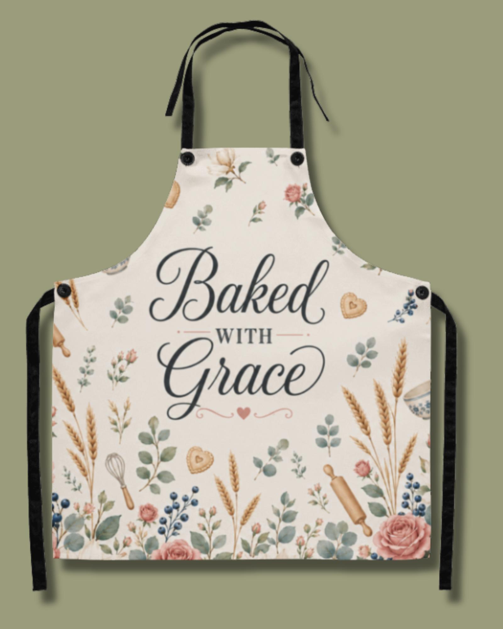 The Baked with Grace floral apron laid flat, showing the full cream design with pink roses, eucalyptus, wheat, a rolling pin, and a whisk surrounding Baked with Grace in dark script.