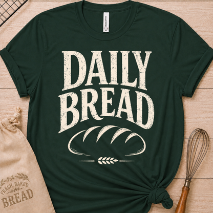 A dark green short-sleeve t-shirt with a distressed white graphic reading 'DAILY BREAD' and a loaf of bread illustration, styled flat-lay on a light wood surface with a burlap bag and whisk nearby.