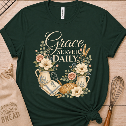 A dark forest green graphic t-shirt laid flat on a light wood background, styled with a beige drawstring bread bag, a wooden whisk, and a wire whisk. The t-shirt features a floral graphic with the text 'Grace SERVED DAILY' in white and beige lettering, surrounded by flowers, bread, wheat, and kitchen utensils.