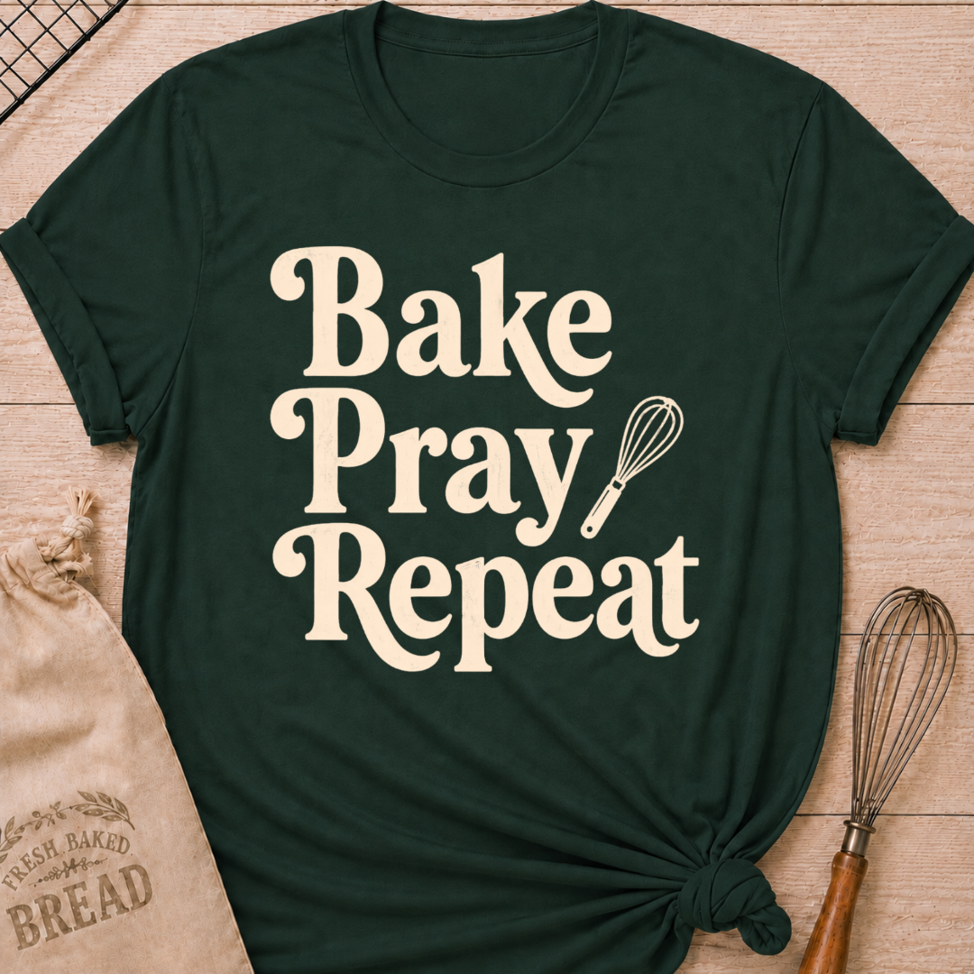 Forest green women's relaxed fit t-shirt with the words Bake, Pray, Repeat in playful vintage lettering and a classic kitchen whisk.