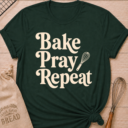 Forest green women's relaxed fit t-shirt with the words Bake, Pray, Repeat in playful vintage lettering and a classic kitchen whisk.