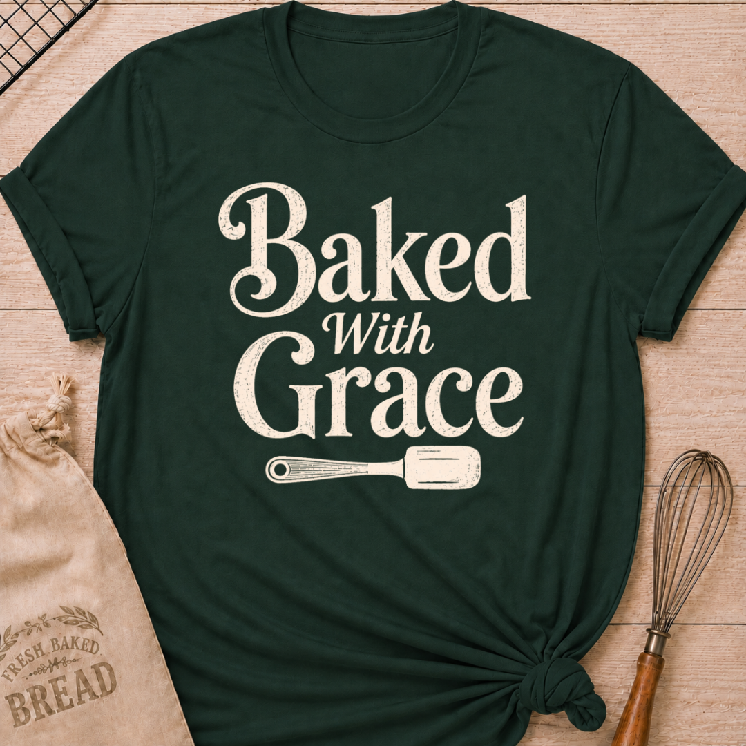 Forest Green Baked with Grace women's relaxed fit tee with bold vintage lettering and a classic baking spatula