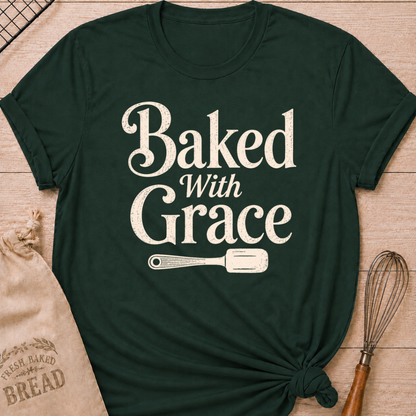Forest Green Baked with Grace women's relaxed fit tee with bold vintage lettering and a classic baking spatula