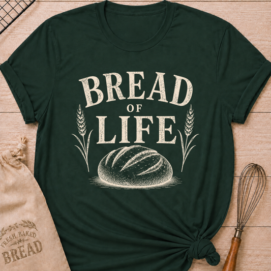 Forest Green Bread of Life women's relaxed fit tee with bold vintage lettering and a rustic loaf framed by wheat