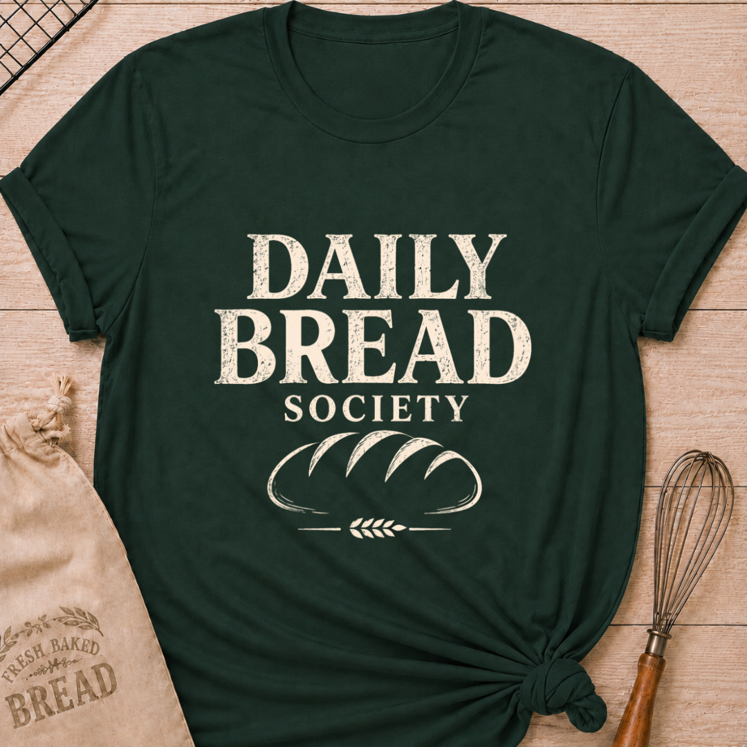 Forest green women's relaxed fit t-shirt with the words Daily Bread Society in bold vintage lettering above a classic loaf and wheat.