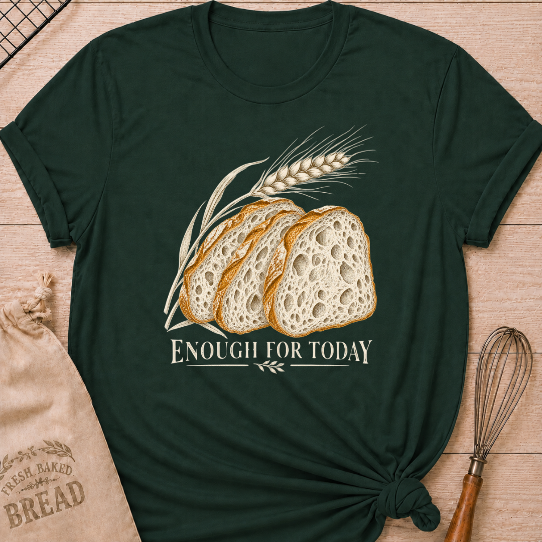 Forest Green women's relaxed fit tee with three rustic slices of artisan bread and a graceful stalk of wheat in a warm vintage style, with Enough for Today lettering