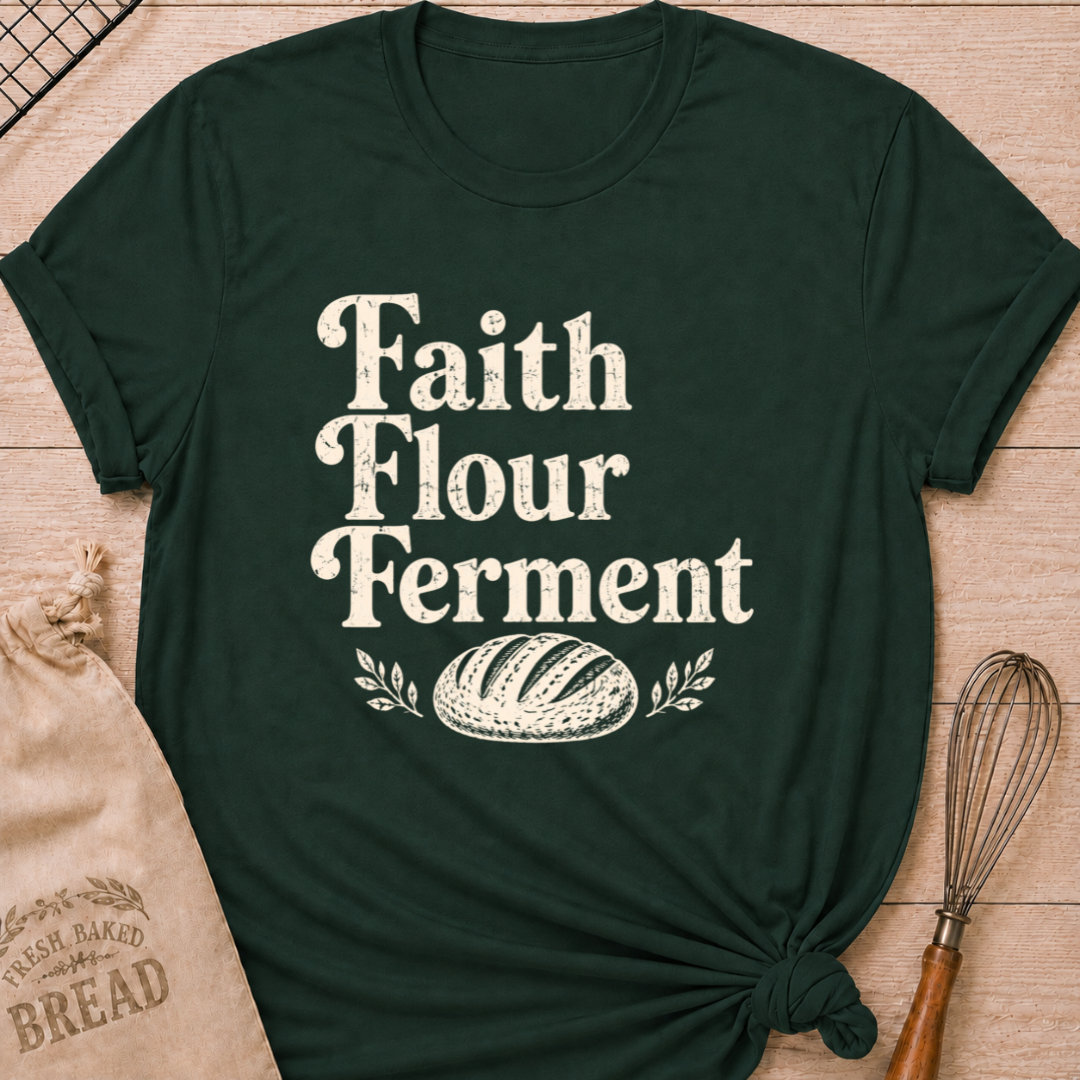 Forest green women's relaxed fit t-shirt with the words Faith, Flour, Ferment in bold vintage lettering with a classic artisan loaf and subtle leafy accents.
