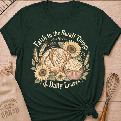 Forest Green Faith In The Small Things women's relaxed fit tee with artisan bread, a frosted cupcake, sunflowers, and wheat