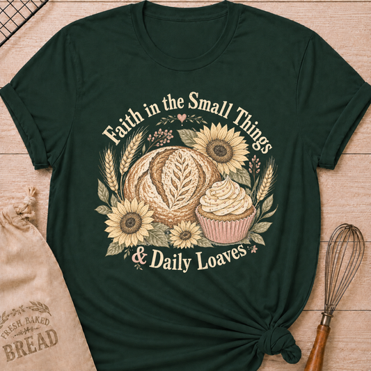 Forest Green Faith In The Small Things women's relaxed fit tee with artisan bread, a frosted cupcake, sunflowers, and wheat