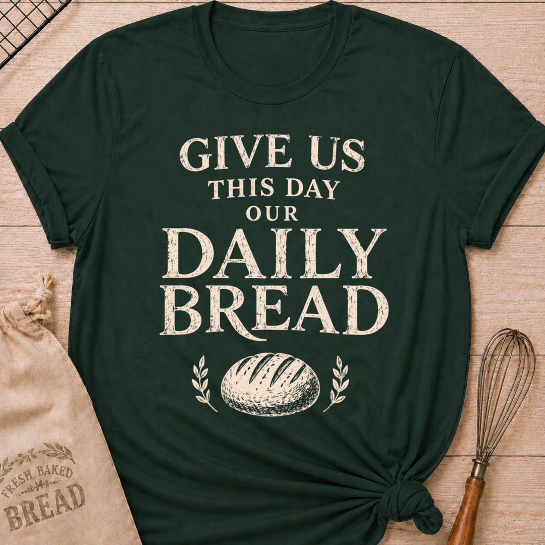Forest green women's relaxed fit t-shirt with the words Give Us This Day Our Daily Bread in bold vintage lettering above a rustic loaf and leafy accents.